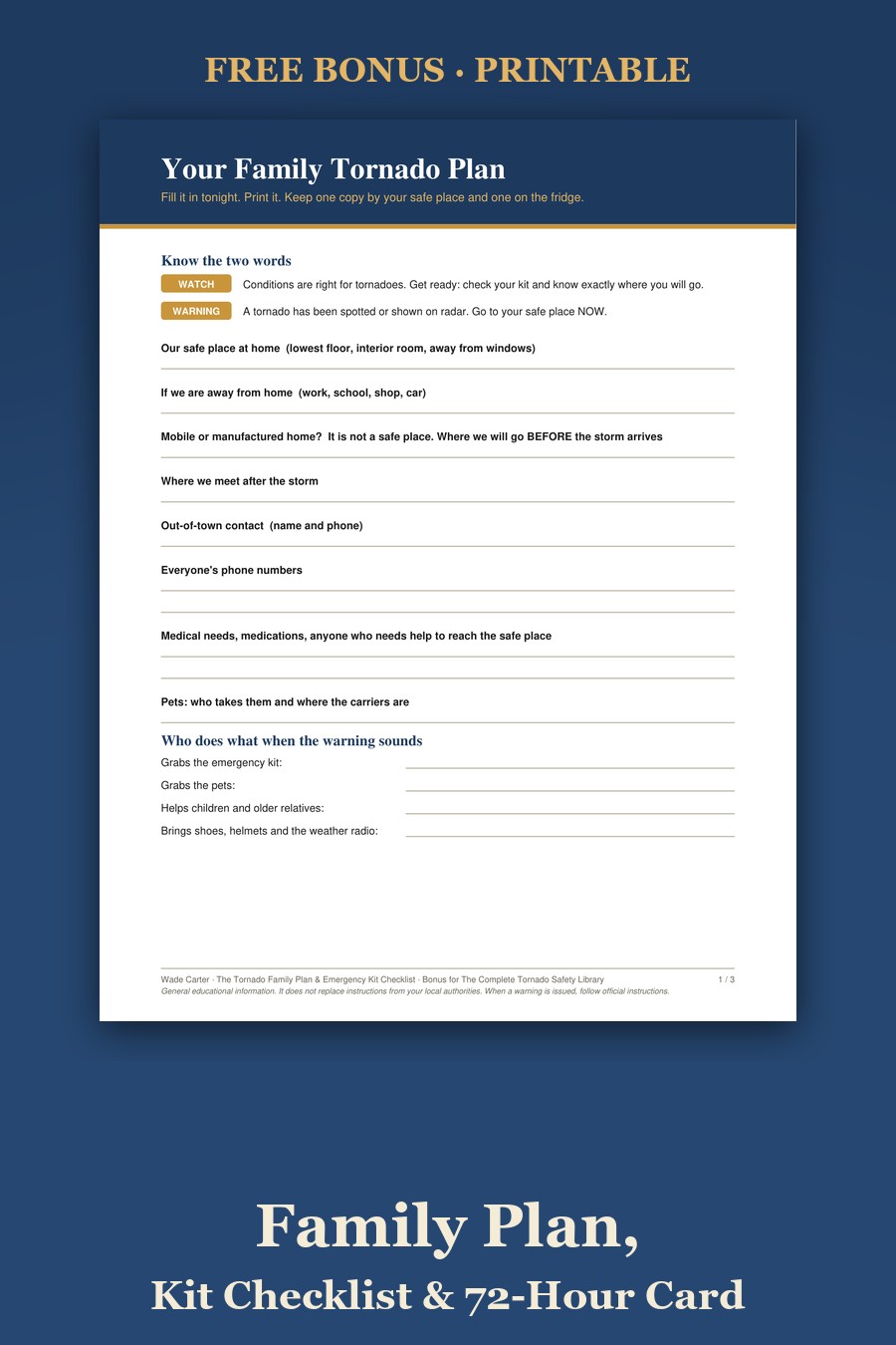 The printable Tornado Family Plan and Emergency Kit Checklist